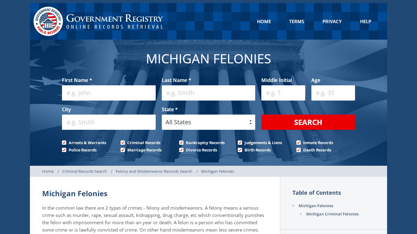 Michigan Felonies | GovernmentRegistry.org